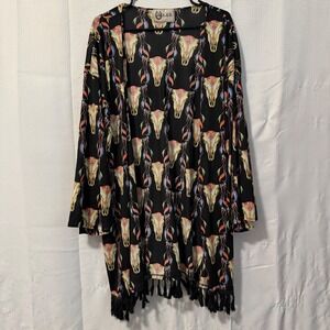 L&B Lucky Blessed Western Bull Skull Kimono Cardigan Black Tassel Fringe OS Boho